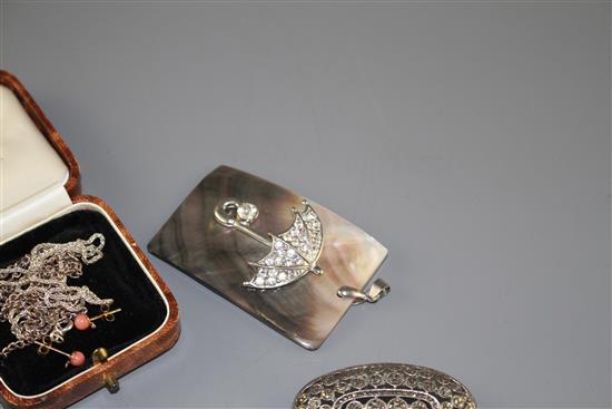 Mixed items including costume jewellery, modern silver oval pendant, white metal bangle and a jewellery box.